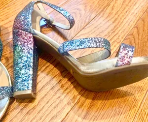 Bamboo women blue/pink glitter sparkle block heels sandals size 37.5 thumbnail 7