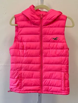 Hollister Neon Pink Hooded Puffer Vest‎ Women's Medium Full Zip Quilted Casual thumbnail 1