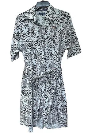 Katie Kimes Shirt Dress Med Belted Button Up Blk White Mums Floral Burst Retro thumbnail 1