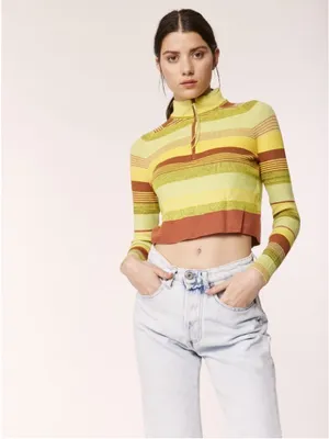 NWT Free People Rip Tide Zip Mockneck Top M Green Stripe Cropped Knit Sweater thumbnail 2