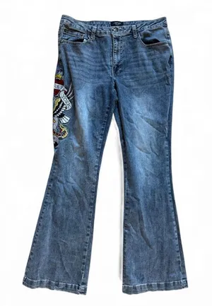 Womens Ed Hardy Denim Brave Heart True Eagle Embroidered Wide Leg Jeans - Sz 32 thumbnail 1