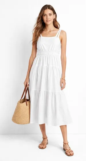 Pinch Tiered Midi Dress Cotton Poplin Sundress Pockets‎ Sleeveless White Size L thumbnail 1