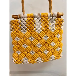 Handwoven Vintage Yellow & Cream Macramé Tote Bag with Bamboo Handles thumbnail 5