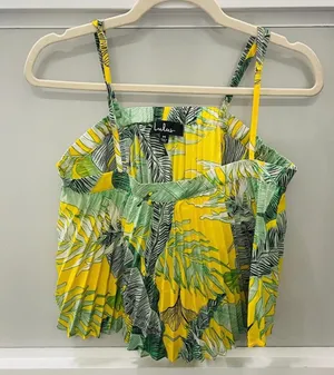 Lulus Chase the Sun Yellow Tropical Print Pleated Crop Top - M thumbnail 7