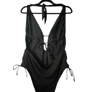 Black Plunge Tie Side‎ Ruched One Piece Swimsuit Adjustable Bathing Suit XS thumbnail 3