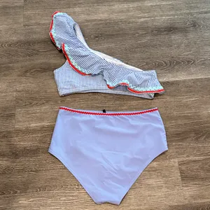 J. Crew seersucker one shoulder ruffle bikini set high waisted blue white Medium thumbnail 5
