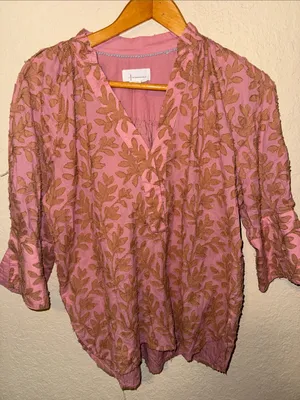 Anthropologie Dusty Pink Blouse with Brown Leaf Motif thumbnail 1