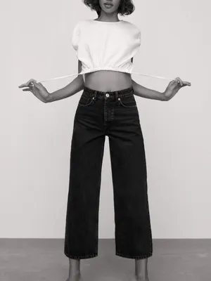 Zara High Rise Wide Leg Coulette Bermuda Crop Length Jeans Black Size 14 thumbnail 1