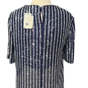 Anthropologie Flat White Sequin Stripe Midi Dress Womens M Blue Evening Cocktail thumbnail 6