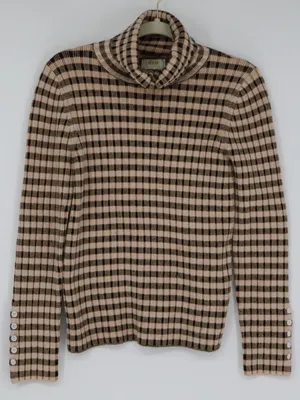Maeve Anthropologie Sweater Large Fitted Stretch Plaid Cowl Neck Brown Black thumbnail 1