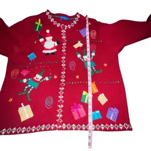 Vtg Karen Scott‎ Ugly Christmas Sweater Women Large Red Cardigan Elf Santa Ramie thumbnail 5