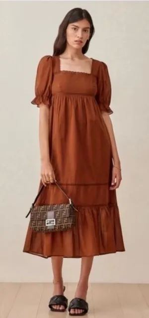 Reformation Bekkah Crocheted Lace Trim Organic Cotton Midi Dress in Cinnamon XS thumbnail 1