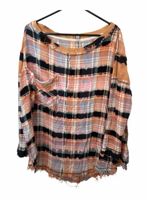 Free People Intimately pink plaid flannel pullover raw-edge shirt thumbnail 1