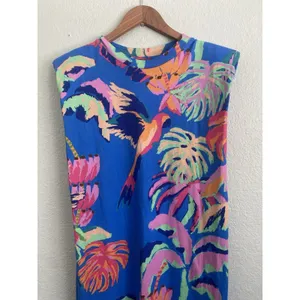 Farm Rio Made of Brasil Orange Parrot Graphic Padded Shoulder T-Shirt Dress XS thumbnail 4
