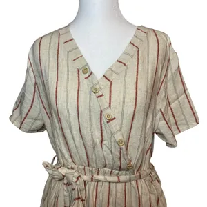 Lake Flower Striped Midi Dress Casual Button Front with Belt Size‎ L Linen Blend thumbnail 2