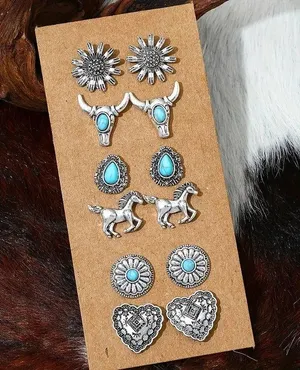 6 Pairs Vintage Western Turquoise Earrings Set – Boho Chic Jewelry, heart, horse thumbnail 1