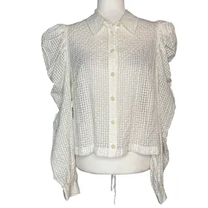 Maeve Anthropologie M White Gingham Seersucker Button-Front Long Puff Sleeve thumbnail 3