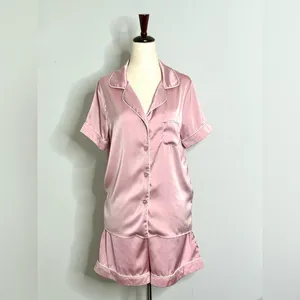 Pink Satin Pajama Set by Kennedy Blue, Button Front Shirt and Shorts size Medium thumbnail 3