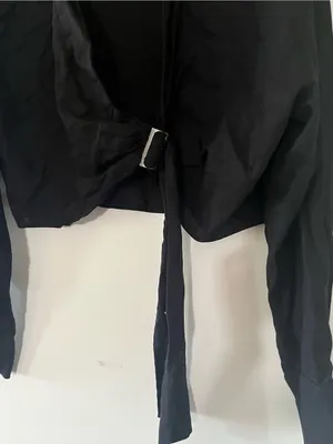 NWT Zara Black Linen Blend Cropped Long Sleeve Wrap Shirt XL Tie Front Coastal thumbnail 3