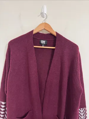 Frye Burgundy Open Front Long Sleeve Geometric Patterned plush Long Cardigan XL thumbnail 4