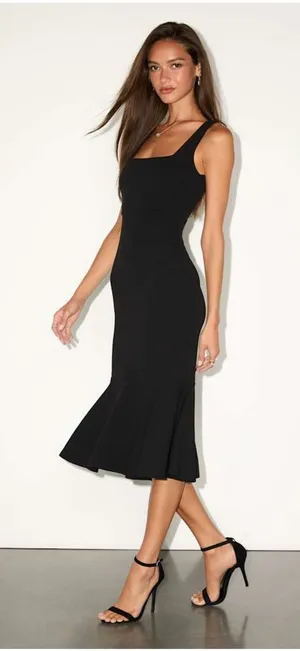 Lulu's Moment Maker Black Square Neck Trumpet Midi Dress thumbnail 1