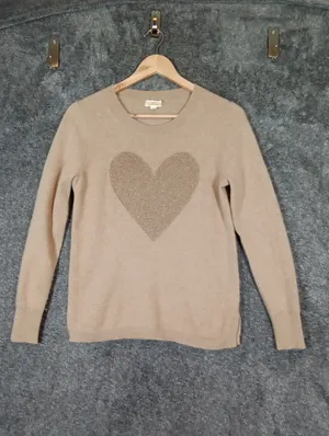 J Crew Cashmere Crewneck Sweater With Lurex Metallic Heart Neutral Fitted Small thumbnail 4