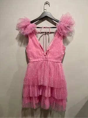 ML Monique Lhuillier Bubble Gum Pink Dotted Tulle Ruffle Mini Dress 2 thumbnail 4