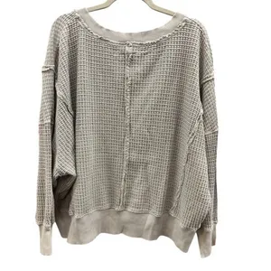 American Eagle Waffle Knit Thermal V-Neck‎ Oversized Sweater Tan Beige Small thumbnail 2