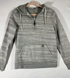 Carhartt Women Striped Quarter Zip‎ Hooded Sweatshirt Relaxed Fit Cozy Gray Sz S thumbnail 1