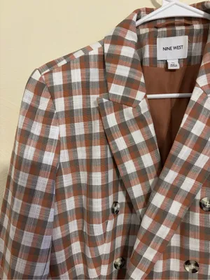 Nine West Plaid Double Breasted Blazer Brown Check Jacket M thumbnail 6