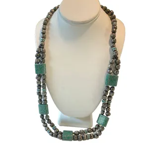 Vintage Japan Silver Tone & Teal 2 Strand Beaded 30'' Necklace Unique‎ 1960s thumbnail 2