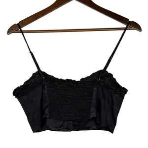 Zara Ruffled Satin Crop Top Adjustable Straps Front Buttons Smocked Back M Black thumbnail 4
