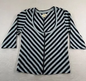 Maeve Anthropologie Womens Large Blue Navy Striped‎ Zip Front 3/4 Sleeve Rib Top thumbnail 1