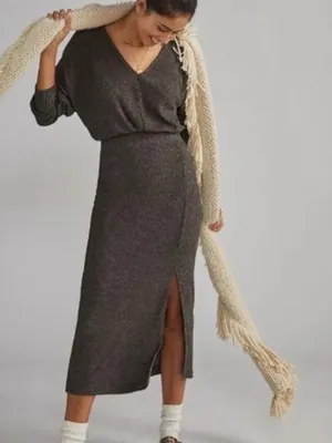 Anthropologie Daily Practice Barre Ribbed V-Neck Midi Dress Medium NWT thumbnail 3
