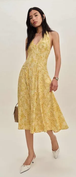 reformation yellow dress halter top thumbnail 1