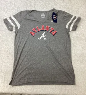Majestic Atlanta Braves MLB Womens V-Neck Graphic T-Shirt Gray Heather Small NWT thumbnail 1