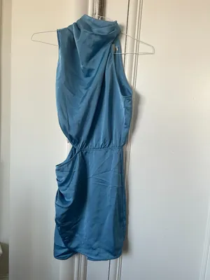 NWT Hello Molly BLUE High Neck/Cowl Dress With Slit Opening (Goddess Lines Satin Mini Dress Blue) thumbnail 7