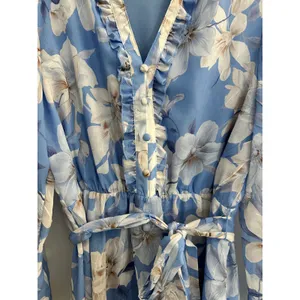 Joie‎ Blue Floral Chiffon Ruffle V-Neck Mini Dress Long Sleeve Large Coquette thumbnail 4