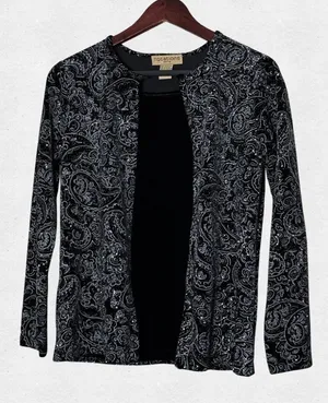 Notations Vintage Black Velvet Glitter Paisley Long Sleeve Top Petite Medium Whimsigoth thumbnail 1