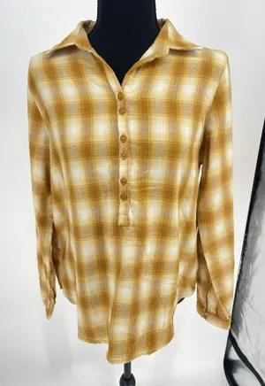 Aventura‎ Shirt Womens Small Yellow Plaid Work Cabin Pumpkin Fall Autumn Bin12 thumbnail 1