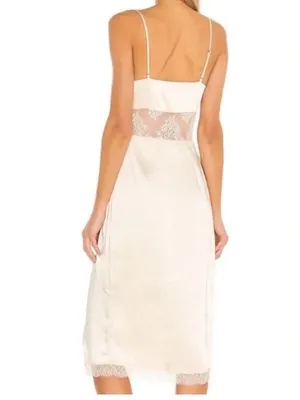 Song of Style Mala Satin Slip Lace Inset Midi Dress Pearl Beige Small Revolve thumbnail 2