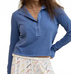 AE Aerie Shadow Stripe Henley T-Shirt American Eagle Marbled Blue XS thumbnail 1
