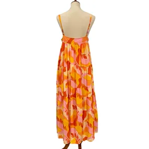 Abel The Label Boho Abstract Tiered Trapeze Maxi Dress Orange Pink, Size M thumbnail 2