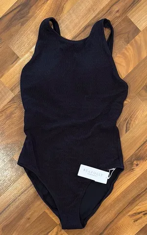 Seafolly textured black‎ swimsuit lace up shelf bra classic 10 bathing suit thumbnail 1