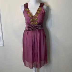 Star Model size small purple mini dress with gold accents and satin ribbon GUC thumbnail 2