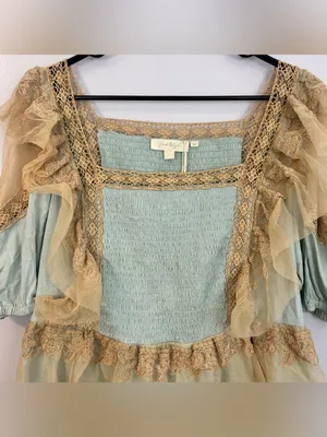 NWT Forever That Girl Blue/Tan Ruffle Lace Peplum Fairy Top Large Anthropologie thumbnail 3