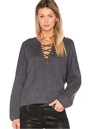 Vince Merino Wool Cashmere Blend Lace Up Sweater in Heather Graphite Gray Small thumbnail 1