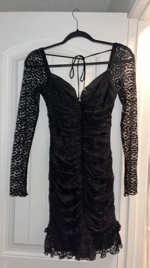 Black lace ruched long sleeve selfie Leslie mini dress XS thumbnail 5