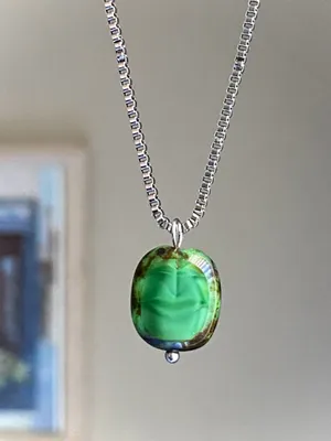 Handmade stainless steel chain & green Picasso Czech glass bead chic vintage retro style simple necklace💚 thumbnail 1