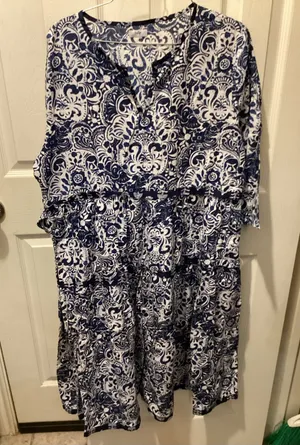 Blue and White Printed Midi Dress with V-Neck thumbnail 1